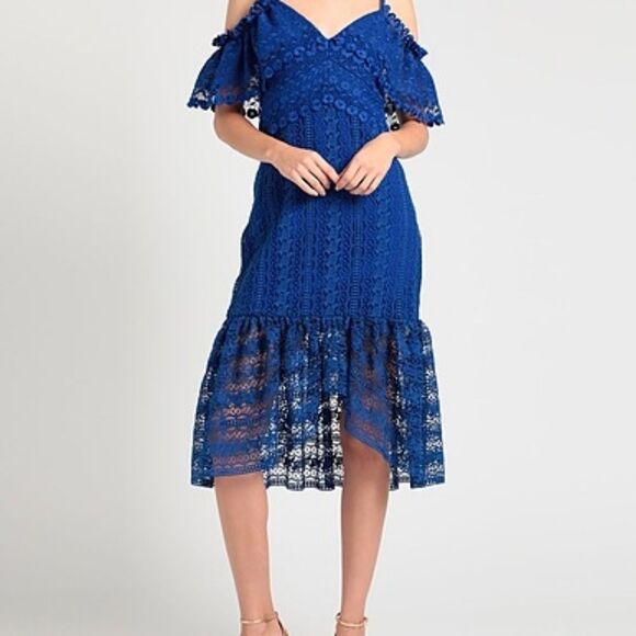 Three Floor Vibrant Royal Blue Off Shoulder Lace Dress 0 Elegant Boho - Picture 1 of 8